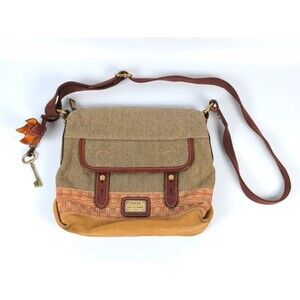 Fossil~1954~Tan & Orange Fabric, Yellow Suede & Brown Leather Hobo Handbag